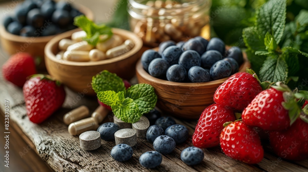 Supplements on wooden table, fresh fruits, bright light, text area, promoting natural health. Supplements on wooden table, fresh fruits, bright light, text area, promoting natural health.