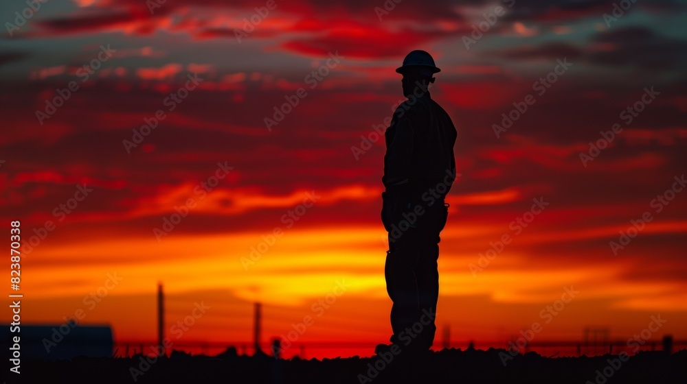 As the day comes to an end the silhouette of a construction worker stands out against the intense colors of the setting sun a symbol of perseverance.