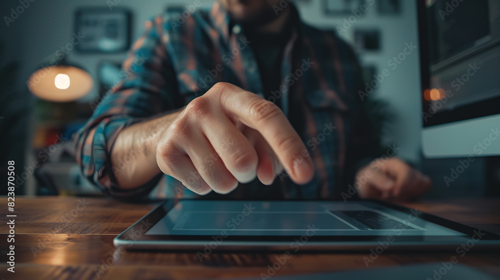 man using his tablet touching the screen with fingers, digital work concept man using his tablet touching the screen with fingers, digital work concept