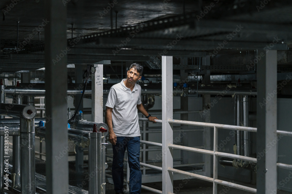 Manual worker checking ceiling in warehouse building Manual worker checking ceiling in warehouse building