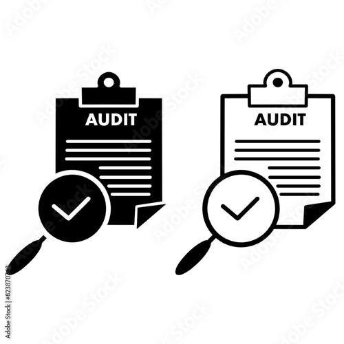 audit icon in outline style on white background, Document inspection icons such as quality, finance, production