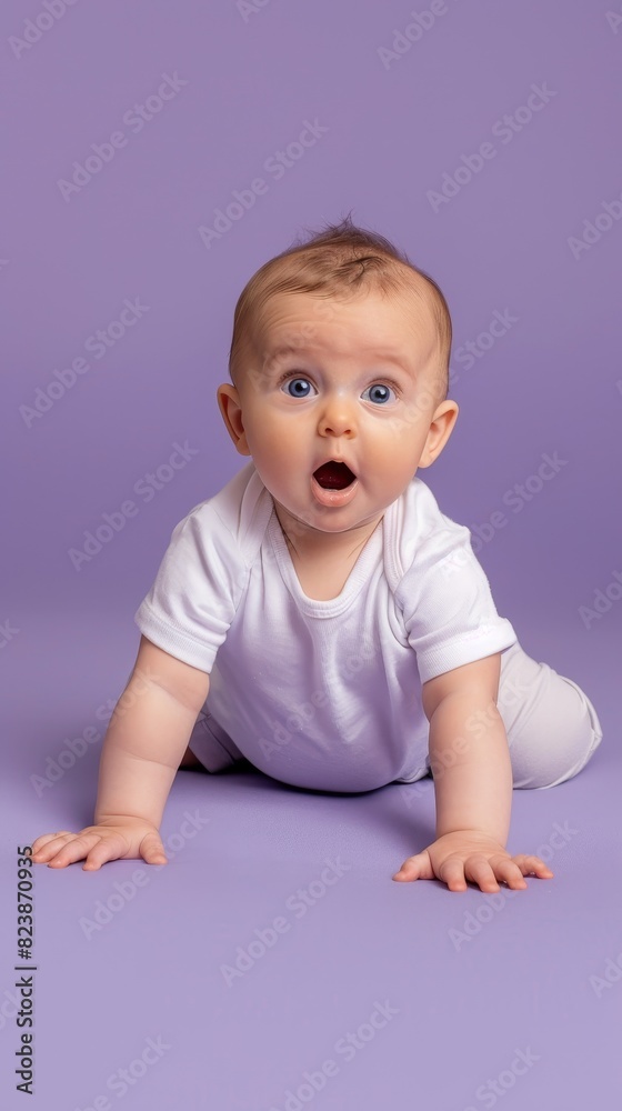 Curious baby gazes with wonder against a soft pastel purple backdrop Curious baby gazes with wonder against a soft pastel purple backdrop