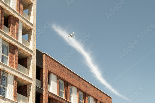 Airplane flying over newly built apartments photo