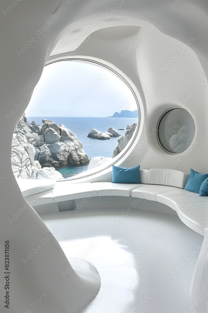 futuristic white interior design, round window with blue rock landscape outside