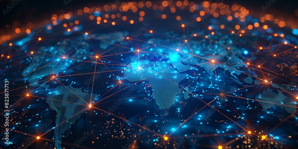 Obraz premium Blue digital background with an abstract map of the world., Abstract world map on a blue digital background, showcasing connectivity and technology.