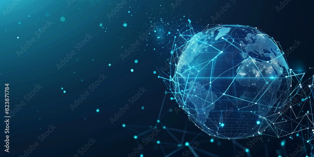 Obraz premium Blue digital background with an abstract map of the world., Abstract world map on a blue digital background, showcasing connectivity and technology.