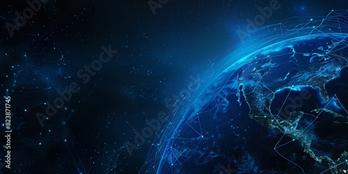 Blue digital background with an abstract map of the world., Abstract world map on a blue digital background, showcasing connectivity and technology.