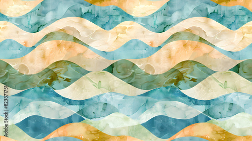 Wallpaper Mural Seamless abstract wavy pattern in blue, beige, and green tones. Perfect for backgrounds, textiles, and wallpaper designs. Torontodigital.ca