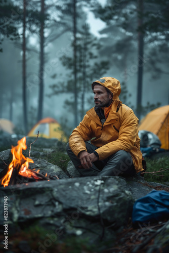 one man camper sit in front of fire in nature camping in forest © Miljan Živković