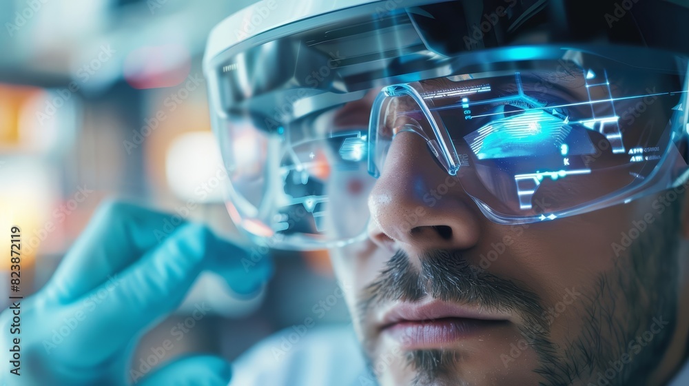 A closeup of an optometrist using an augmented reality headset to examine a patients eyes A closeup of an optometrist using an augmented reality headset to examine a patients eyes