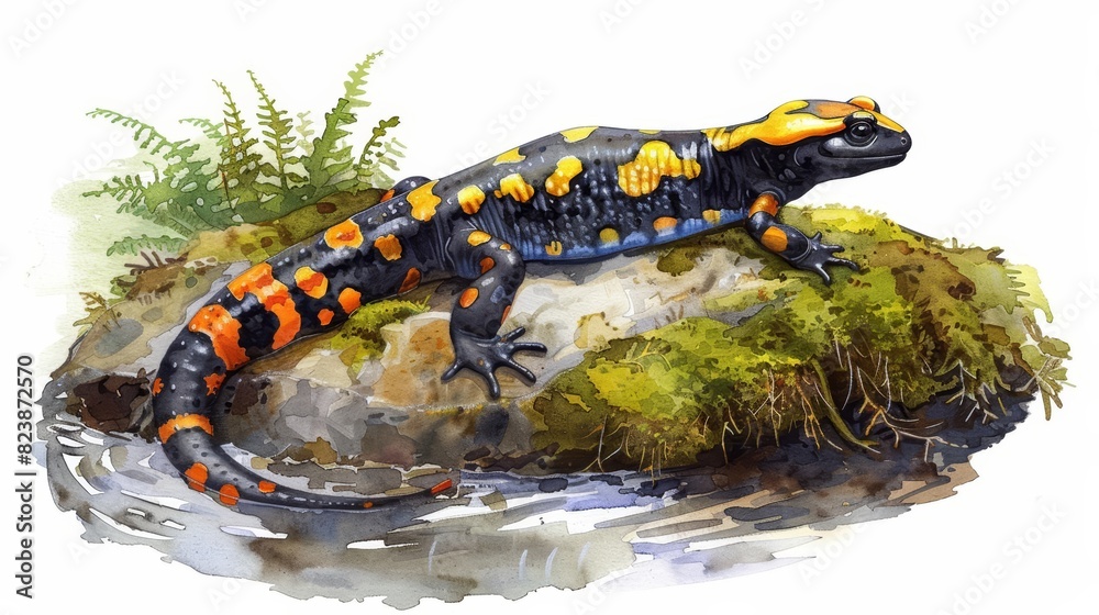A cute water color of a salamander, resting on a mossy rock beside a babbling brook in a shaded woodland, Clipart isolated on white A cute water color of a salamander, resting on a mossy rock beside a babbling brook in a shaded woodland, Clipart isolated on white