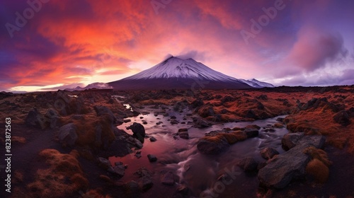 Majestic Sunset Over Volcanic Landscape with Snow-Capped Mountain Peak. Generative AI