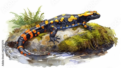 A cute water color of a salamander, resting on a mossy rock beside a babbling brook in a shaded woodland, Clipart isolated on white