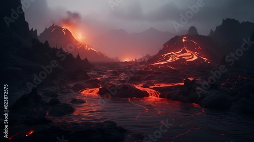 Majestic Volcanic Landscape at Sunset. Generative AI © A.M
