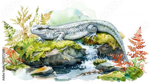 A cute water color of a salamander, resting on a mossy rock beside a babbling brook in a shaded woodland, Clipart isolated on white photo