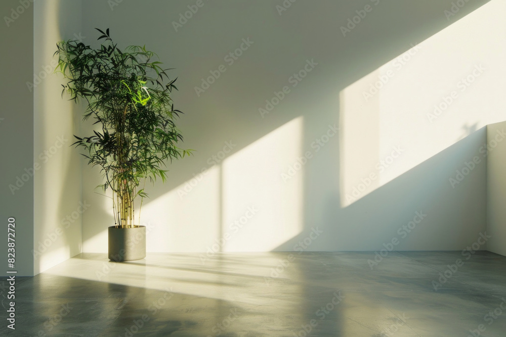 A calming, minimalist yoga space designed for ultimate tranquility. The room showcases smooth, polished concrete floors and matte white walls. A single bamboo plant in the corner. A calming, minimalist yoga space designed for ultimate tranquility. The room showcases smooth, polished concrete floors and matte white walls. A single bamboo plant in the corner.