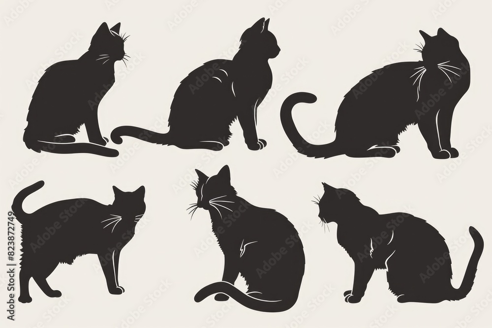 A collection of black cat silhouettes on a white background. Perfect for Halloween decorations