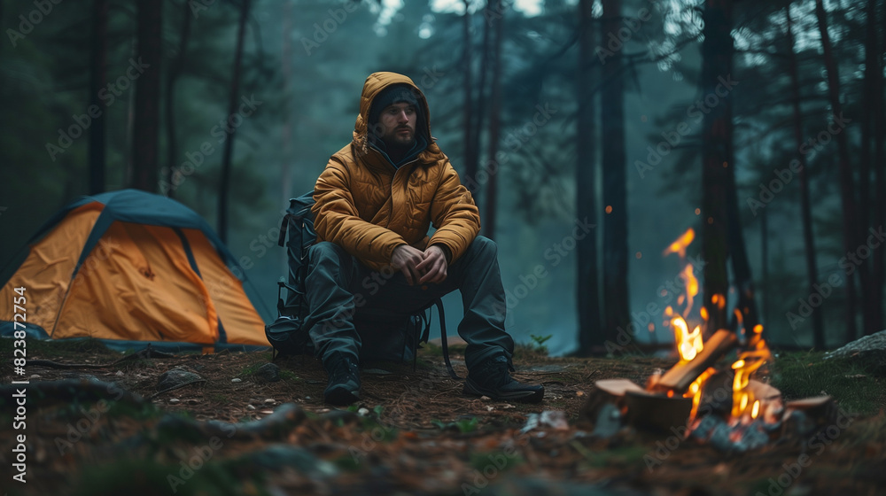 one man camper sit in front of fire in nature camping in forest