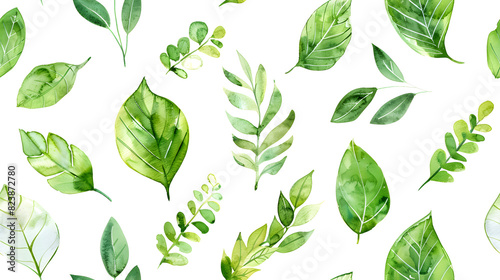 Seamless watercolor pattern featuring various green leaves on a white background. Ideal for backgrounds, wallpapers, textiles, and nature-themed designs.