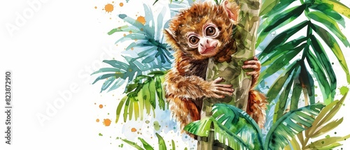A kawaii water color of a pygmy marmoset, clinging to a tree trunk, in a lively tropical jungle, Clipart isolated on white photo
