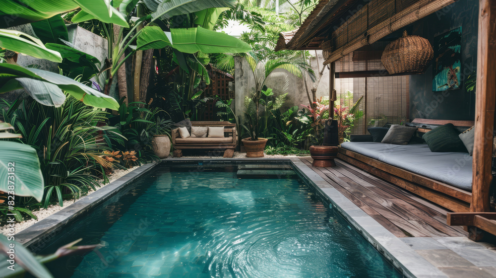 custom made wallpaper toronto digitalPrivate jungle villa pool, surrounded by exotic plants, inviting wooden seating.