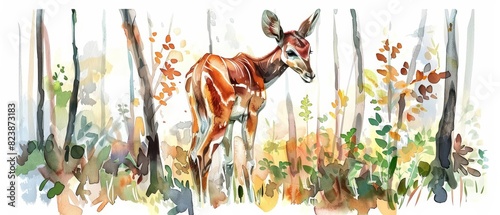 A kawaii water color of an okapi, nibbling on leaves, in an enchanted forest with soft, magical light filtering through the trees, Clipart isolated on white photo