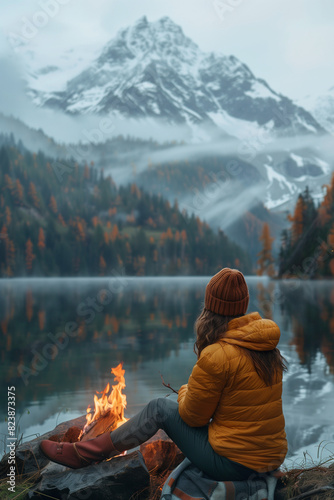 One woman camper sit in front of fire in nature camping on the lake