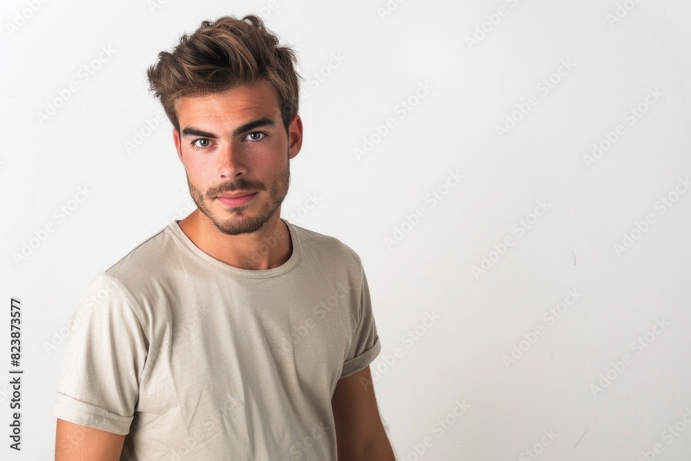 A man in a tan shirt posing for a picture. Suitable for various concepts