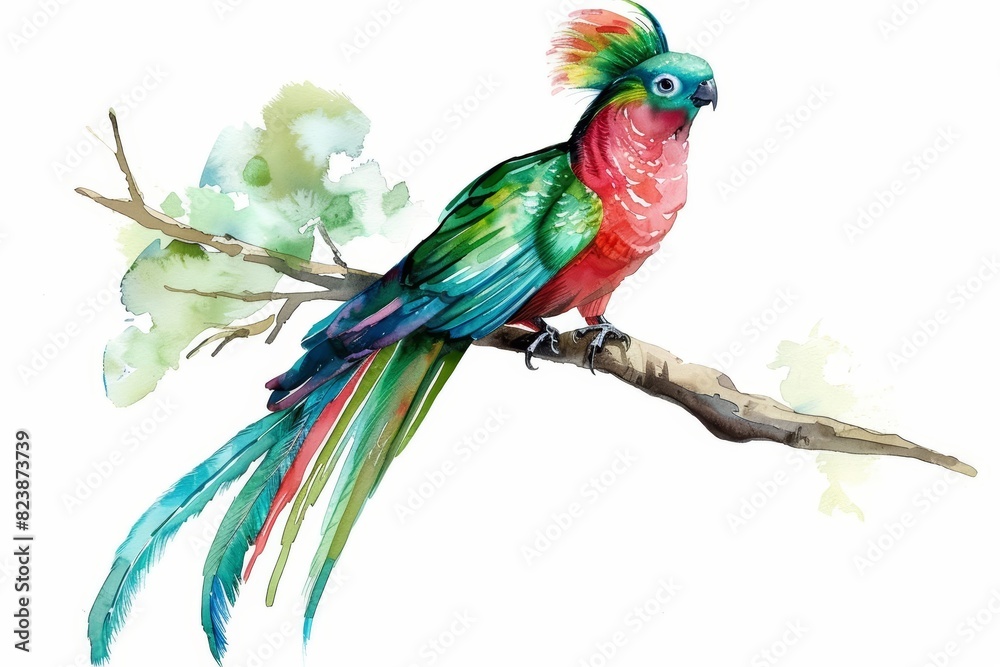 A water color of a quetzal, perched on a branch, its vibrant feathers glowing in the sunlight of a Central American rainforest, Clipart isolated on white