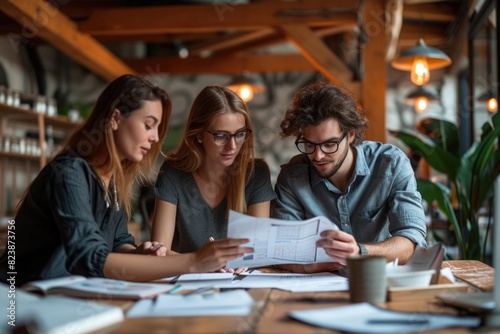 Three business people in the office working together