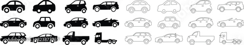 Car icons set. The car from different style vector. Side view black line and flat collection isolated on transparent background. Transportation symbol, traffic sign, travel element for website and app