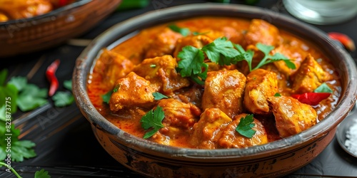 Delicious Spicy Chicken Tikka Masala Curry Served in a Traditional Clay Plate. Concept Chicken Tikka Masala Recipe, Spicy Indian Cuisine, Traditional Cooking Techniques, Food Presentation Ideas