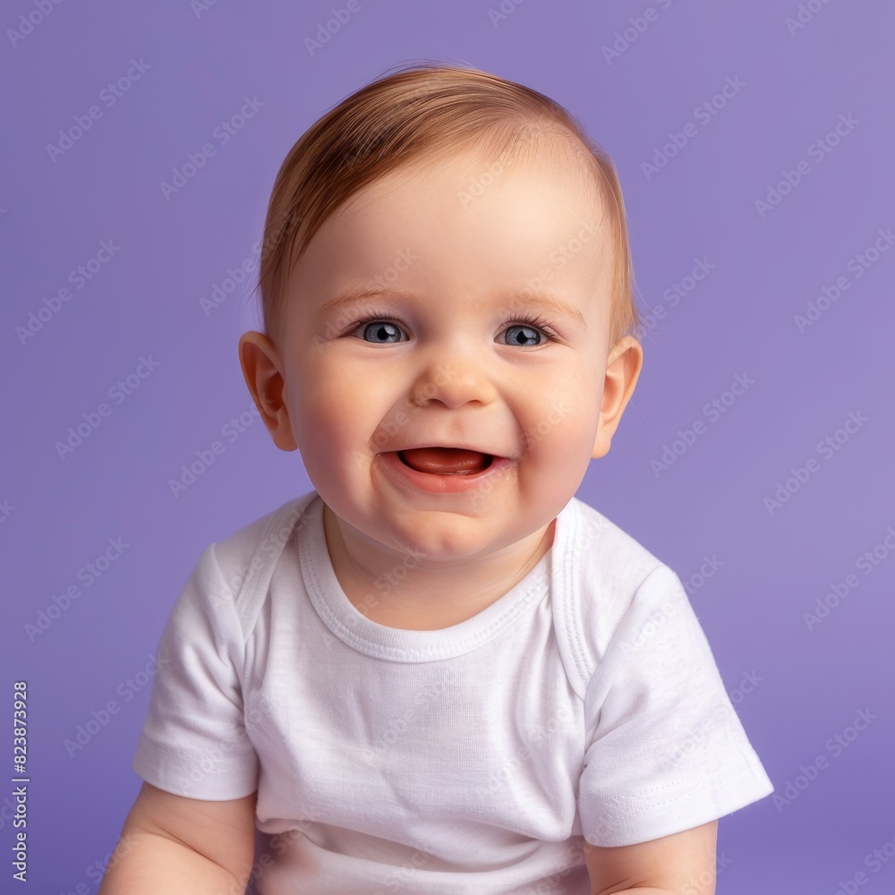 A baby with an amused look isolated on a solid pastel purple background A baby with an amused look isolated on a solid pastel purple background