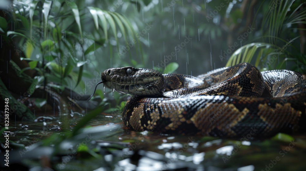 A large snake laying in a body of water. Ideal for nature and wildlife themes A large snake laying in a body of water. Ideal for nature and wildlife themes