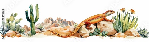 A water color of a skink, basking on a sunwarmed rock, in a desert landscape with cacti and sand dunes, Clipart isolated on white photo