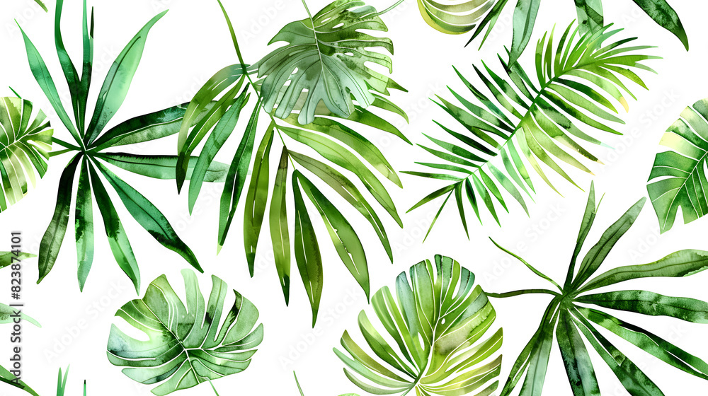Seamless watercolor pattern featuring a variety of tropical leaves on a white background. Perfect for backgrounds, wallpapers, textiles, and artistic designs