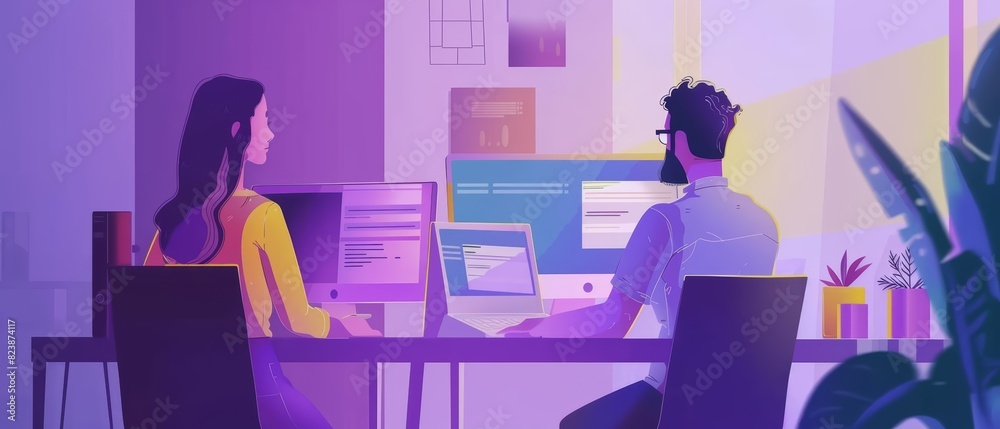 A web developer collaborating with a designer on a sleek interface, with a modern, minimalist office featuring colorful, inspirational decor A web developer collaborating with a designer on a sleek interface, with a modern, minimalist office featuring colorful, inspirational decor