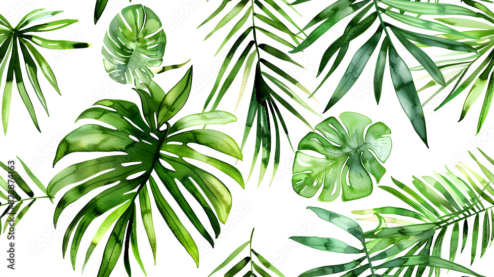 Seamless watercolor pattern featuring a variety of lush tropical leaves on a white background. Perfect for backgrounds, wallpapers, textiles, and artistic designs. Seamless watercolor pattern featuring a variety of lush tropical leaves on a white background. Perfect for backgrounds, wallpapers, textiles, and artistic designs.