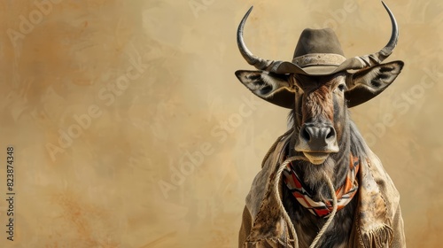A wildebeest dressed as a cowboy with a hat and lasso, standing in a desert scene, against a light brown background with copy space photo