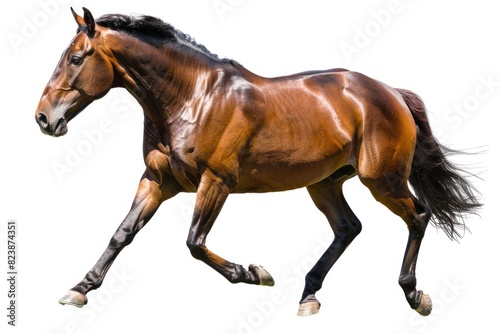 A majestic brown horse galloping on a white background. Suitable for various equestrian or animal-related projects