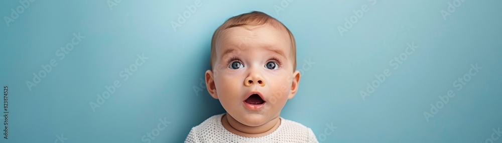 A baby with large, astonished eyes gazes in wonder against a soft pastel blue backdrop A baby with large, astonished eyes gazes in wonder against a soft pastel blue backdrop