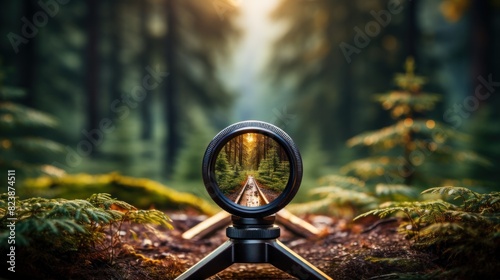 A camera lens is mounted on a tripod focusing on a sunlit forest path, creating a unique perspective