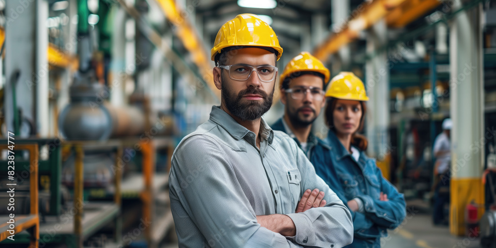A group of factory workers wearing hard hats and safety gear standing confidently in an industrial setting. A group of factory workers wearing hard hats and safety gear standing confidently in an industrial setting.