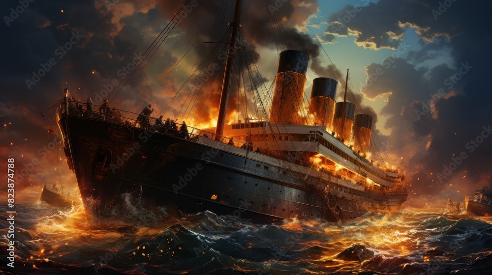 An epic digital painting of a large, historic ship on fire, engulfed by stormy seas