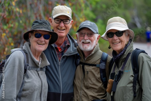 Group of happy senior people hiking in the park. Outdoor lifestyle portrait.