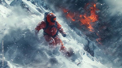 A man in an orange suit is skiing down a mountain with a fire in the background