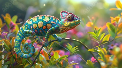 A chuckling chameleon with a colorful pattern blends into its surroundings while adding a playful touch. © baloch