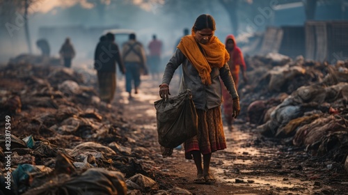 A person carries a bag walking through a trash-filled environment, amongst other unidentifiable figures