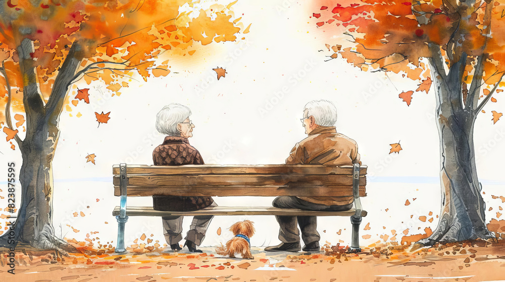 Fototapeta premium An elderly couple is sitting on a park bench in the fall