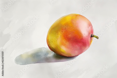 Top-down perspective of a ripe okrong mango, digital watercolor style, against a smooth white background, delicate shading and light for a fresh and natural look, soft and inviting colors photo